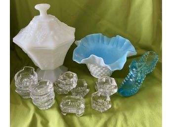 Hobnail Ruffled Edge Bowl And Blue Glass Shoe, Plus 13 Glass Salt Dips And Milk Glass Jar With Lid