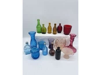 Rainbow Glass Assortment. Mini Americana Bottles, Glass Flasks, Vase, Ball And Claw Bitters.