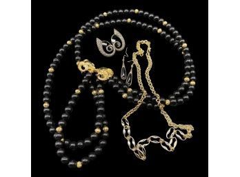 BEAUTIFUL Black And Gold Color Necklace With Ram Pendant, Plus 1 More Necklace And 2 Earrings