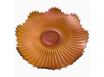 Iridescent Marigold Carnival Glass Bowl With Ribbed Edges