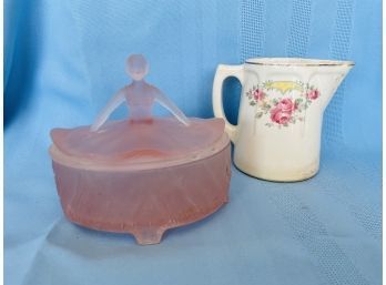 Wendy SATIN Depression Glass  Powder Jar And UNIVERSAL POTTERIES CAMBRIDGE RAMBLER MILK PITCHER