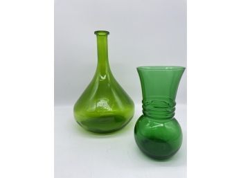 Vintage Green Decanter -2009 On Bottom, And A Small Green Vase