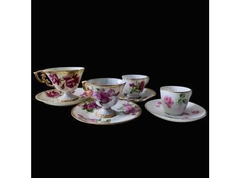 Pink And White Floral Teacups With Matching Saucers, Various Brands