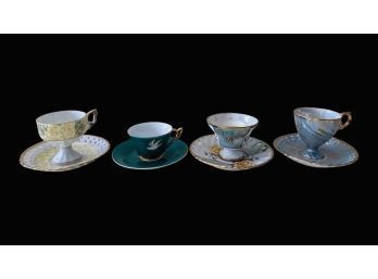 Set Of 4 Beautiful Teacups With Matching Saucers: Green Floral Aesthetic With Gold Details