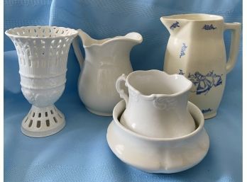 White China, Including Milk Pourer And Stunning Hand Painted Blue Vase