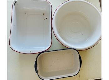 Vintage Enamelware Large Bowl And Two Rectangular Dishes