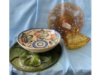 Colored Glass Collection, Plus Hand Painted Stoneware Bowl