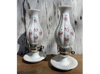 (2) Electric Oil Lamps With Hand Painted Pink Flower Detail