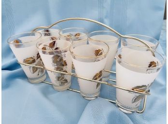 Vintage High Ball White Frosted And Gold Leaf Glasses In A Carrying Caddy