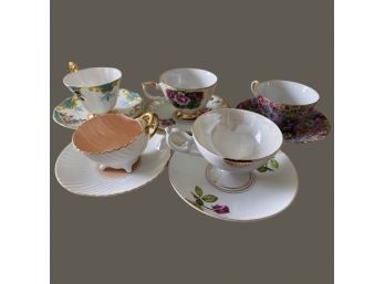 (5) Lovely Teacups And Matching Saucers. One Peach Color In Shape Of Seashell!