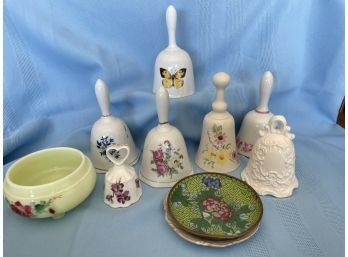 Adorable Assortment Of Small Bells, Floral Dish And Mini Decorative Plates