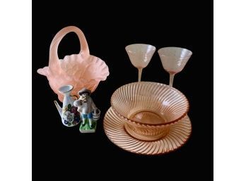 WESTMORELAND Glass Basket, Plus More Pink Glass And Two Porcelain Figurines