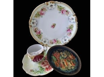 Stunning Porcelain Plates, Large One With Hanging Hardware, Plus Intricate Teacup With Flower Design