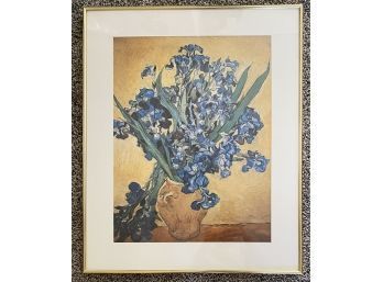 Blue Flowers In Pot, Print, In Beautiful Gold Color Frame With Glass