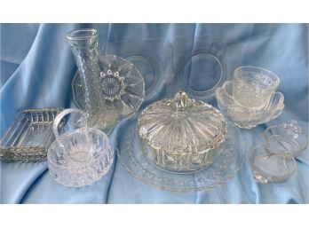 (13) Lot Of Glass Dishes, Assorted Items, Including Stunning Candy Dish And Serving Plate