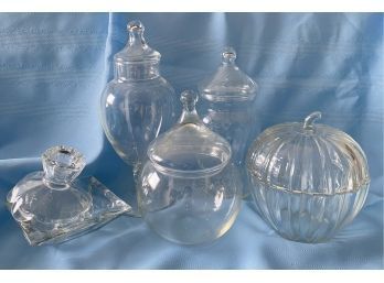 Uniquely Shaped Jars, Including Pumpkin Jar And Two Candle Holders