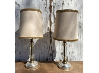 (2) Table Lamps With Glass Base And Gold Trim Shades