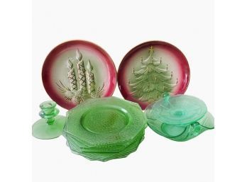 Green Glass Collection! Plus Two Lovely Decorative Christmas Plates