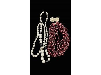 Beautiful Multi Layer Pink Beaded Necklace, Plus Two White Necklaces And Statement Earrings