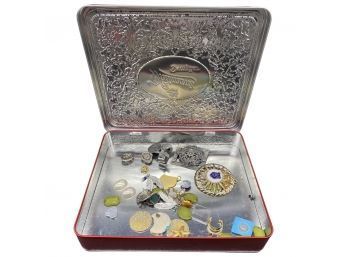 JEWELRY MAKERS: Tin Full Of Mismatched Jewelry. Unmatched Earrings, Pendants With No Chain, Beads And More