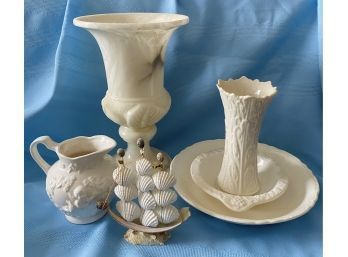 Marble Urn, Plus More Ivory Color Dishes. Also Includes Ship Figurine Made From Shells