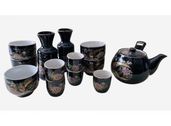 Gorgeous Japanese Sake Set, 5 Person Set With Beautiful Hand Painted Detail