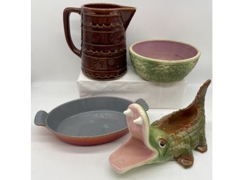 Adorable Ceramic Gator Bowl, Brown Glazed Pitcher, Green Bowl, And Belgium Serving Dish