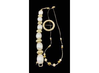 Elegant Necklace, Bracelet And Brooch With Gold And Pearl Bead Accents