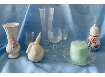 Darling Collection Of Assorted Dishes, Vase, And Bunny Votive. Includes Wine Glass From The Shirley, Denver