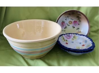 (3) Hand Painted Nippon China Bowls, Plus (1) USA Stoneware Bowl