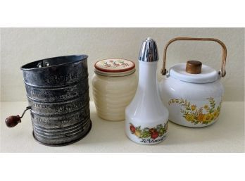 Antique Farmhouse Kitchen Collection: Sifter, Teapot Made In Japan, Jar, And Pourer