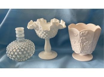 Two Hobnail Glass Dishes, Plus Pink Milk Glass Jar From Napco Ceramics