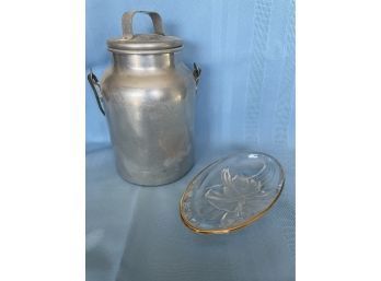 Vintage Aluminum Jug By Wear Ever And A Gorgeous Glass Dish With An Orchid Design.