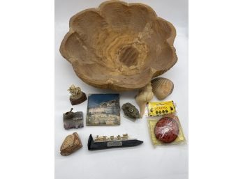 Large Decorative Wooden Bowl With Small Souvenirs. Royal Gorge Railroad Nail, Ocarina, Shells And More