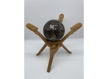 Mosaic Deco Sphere On Top Of A Wooden Tripod Stand With Heads