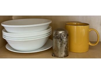 Various Kitchen Essentials: 9 Dishes From CORELLE, Plus Yellow Mug And Owl Jar