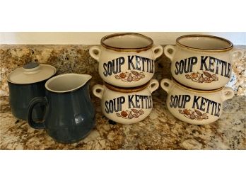 (4) Soup Kettle Bowls, Hand Painted From Japan, Plus Blue Ceramic Cream And Sugar Set