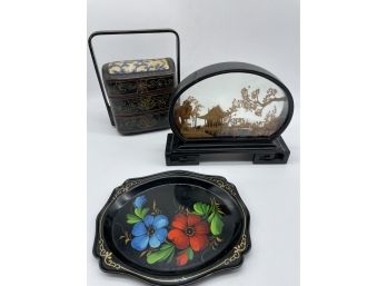 Vintage Oriental Hand Carved Cork Art Diorama, Chinese Food Container Box And Floral Metal Tray