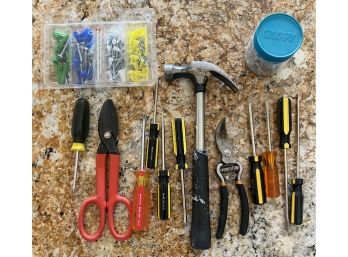 12 Count Tools Including Hammer And Screwdrivers, Plus Miscellaneous Hardware