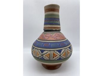 Antique Mexican Painted Earthenware Pottery Water Jug Ewer With Cup