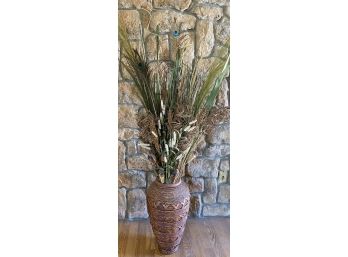 Large Accent Pot With Artificial Flowers And Accents Of Peacock Feathers