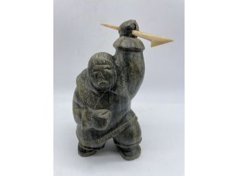 Hand Carved Soapstone Hunter W/ Spear By Thomas Ekak. Signed On Bottom Of Foot. Alaska Souvenir