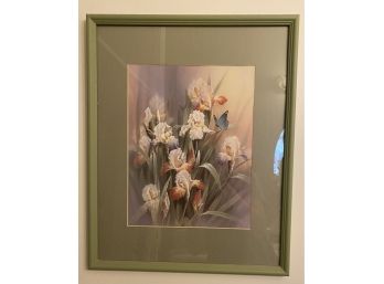 Art Print Of Flowers With Butterfly In Green Matte And Frame