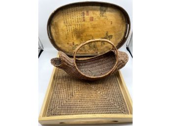 Assortment Of Wooden Trays And A Fish Basket