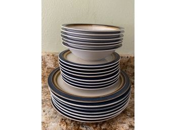 21 Piece Plate Set With Blue Trim. Genuine Stoneware, Japan