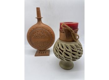 Red Clay Decorative Vase And Carved Candle Holder