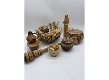 Small Assortment Of Natural Wood Decor. Hand Carved Molinillo, Miniature Hawk Totem, Baskets, Painted Gourd