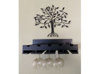 Wine Rack With 3 Wine Glasses, Plus Metal Tree Art