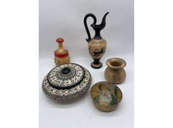 Unique Collection Of Decorative Bowls/Vases. Greek Inspired Vase, Moroccan Bowl, Trinket Box And Pottery Vase