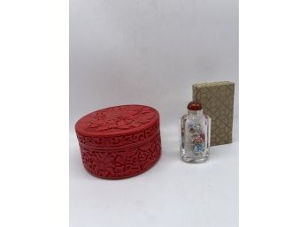 Antique Chinese Carved Round Cinnabar Box And Chinese Art Glass Reverse Painting Snuff Bottle